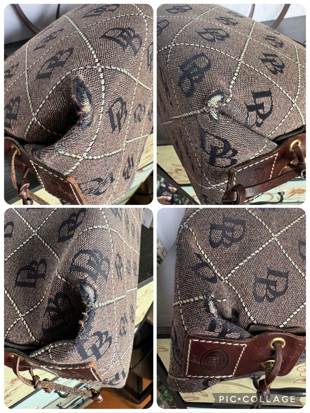 Vintage Dooney & Bourke Monogram Canvas Drawstring Shoulder Tote Bag Brown - Picture 7 of 10